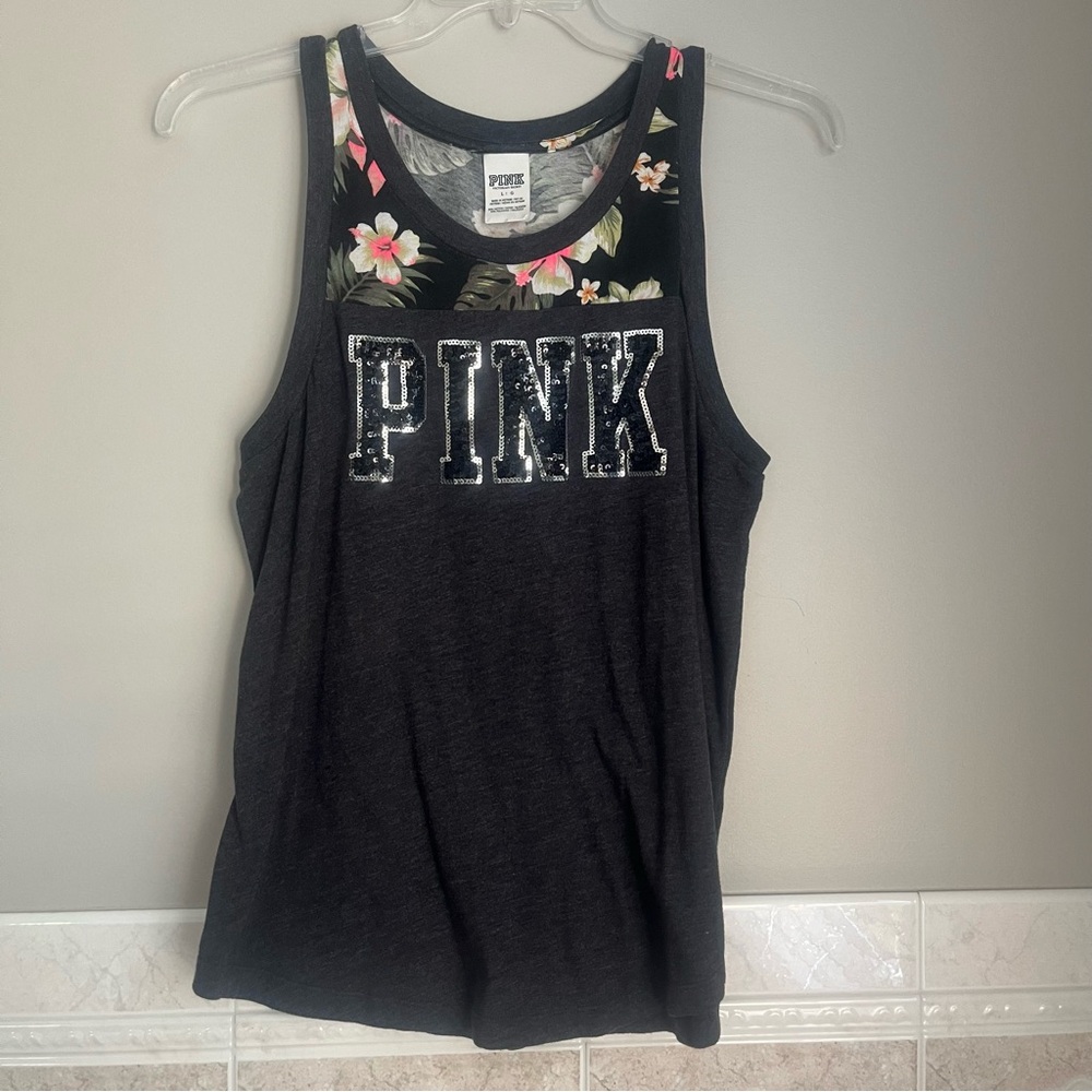 Victoria's Secret PINK Women's Black & Gray Floral Tank With Bling Logo Size L